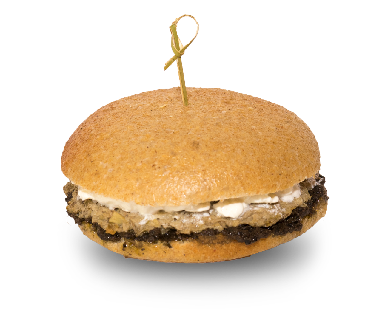 Decagon, panino con hamburger di carciofi, patè di olive e stracciatella di bufala. Decagon, panino con hamburger di carciofi, patè di olive e stracciatella di bufala.