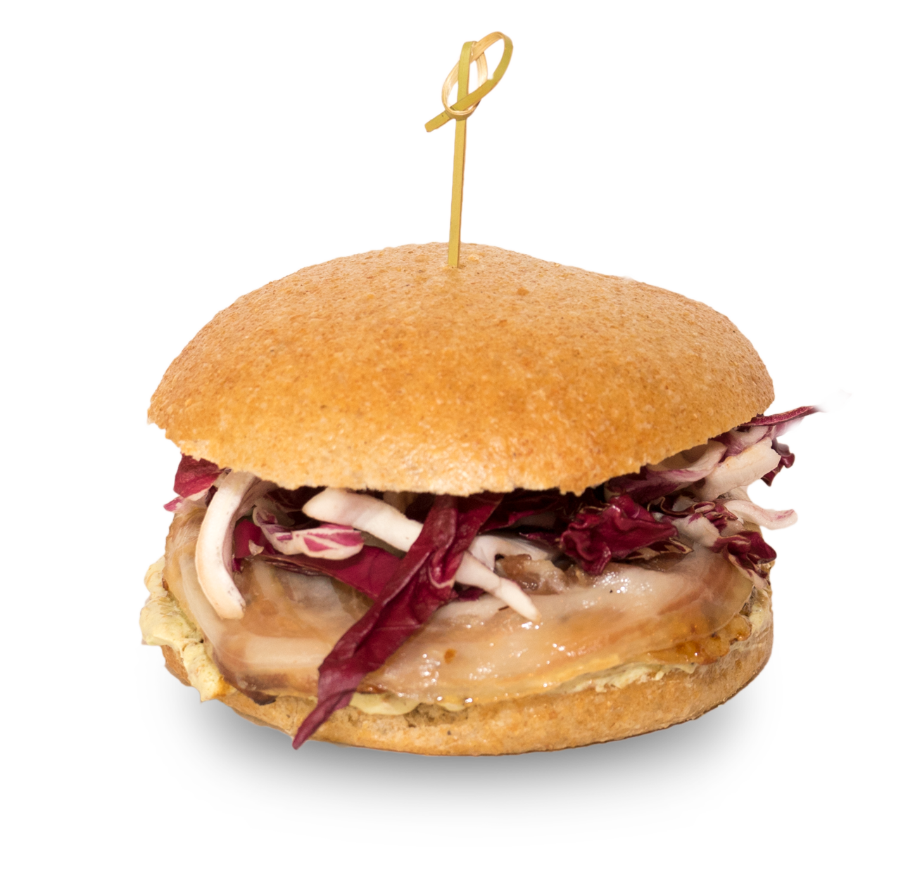 Hexagon, panino con hamburger di pollo, crema di pistacchio, pancetta e radicchio. Hexagon, panino con hamburger di pollo, crema di pistacchio, pancetta e radicchio.