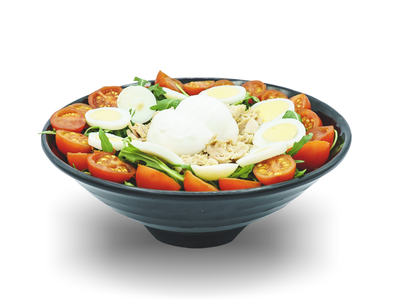 Insalata Tonno, uovo sodo, ciliegino, mozzarella di bufala, rucola Insalata Tonno, uovo sodo, ciliegino, mozzarella di bufala, rucola