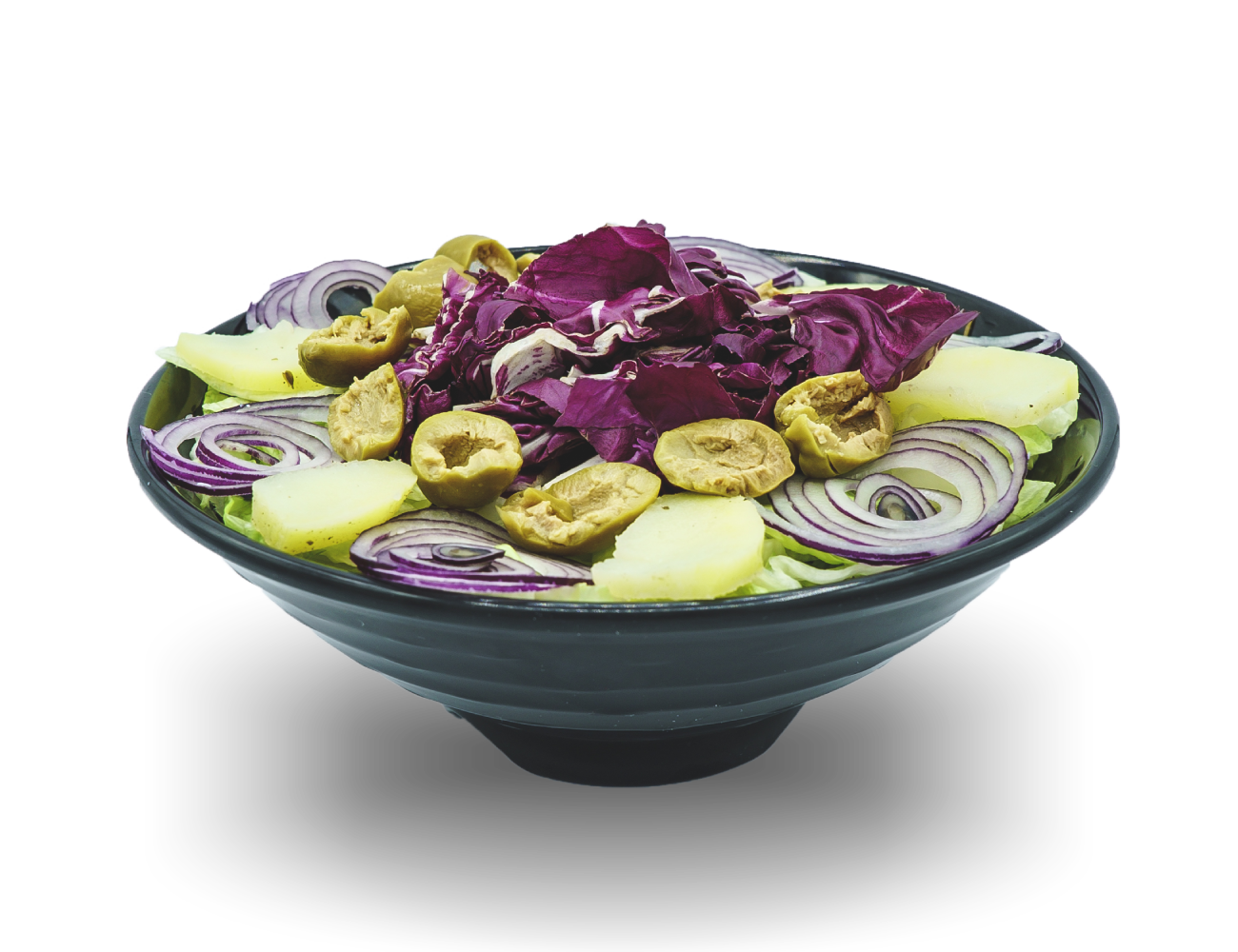 Insalata, Iceberg, radicchio, cipolla, olive verdi, patate. Insalata, Iceberg, radicchio, cipolla, olive verdi, patate.