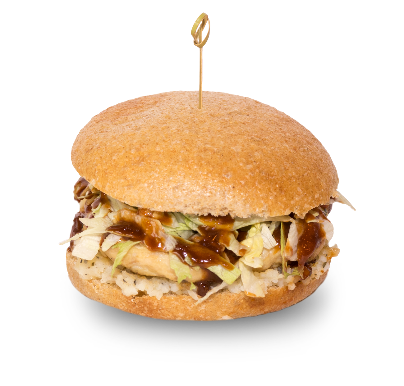 Octagon, panino con hamburger di pollo, patata schiacciata, lattuga e salsa BBQ. Octagon, panino con hamburger di pollo, patata schiacciata, lattuga e salsa BBQ.
