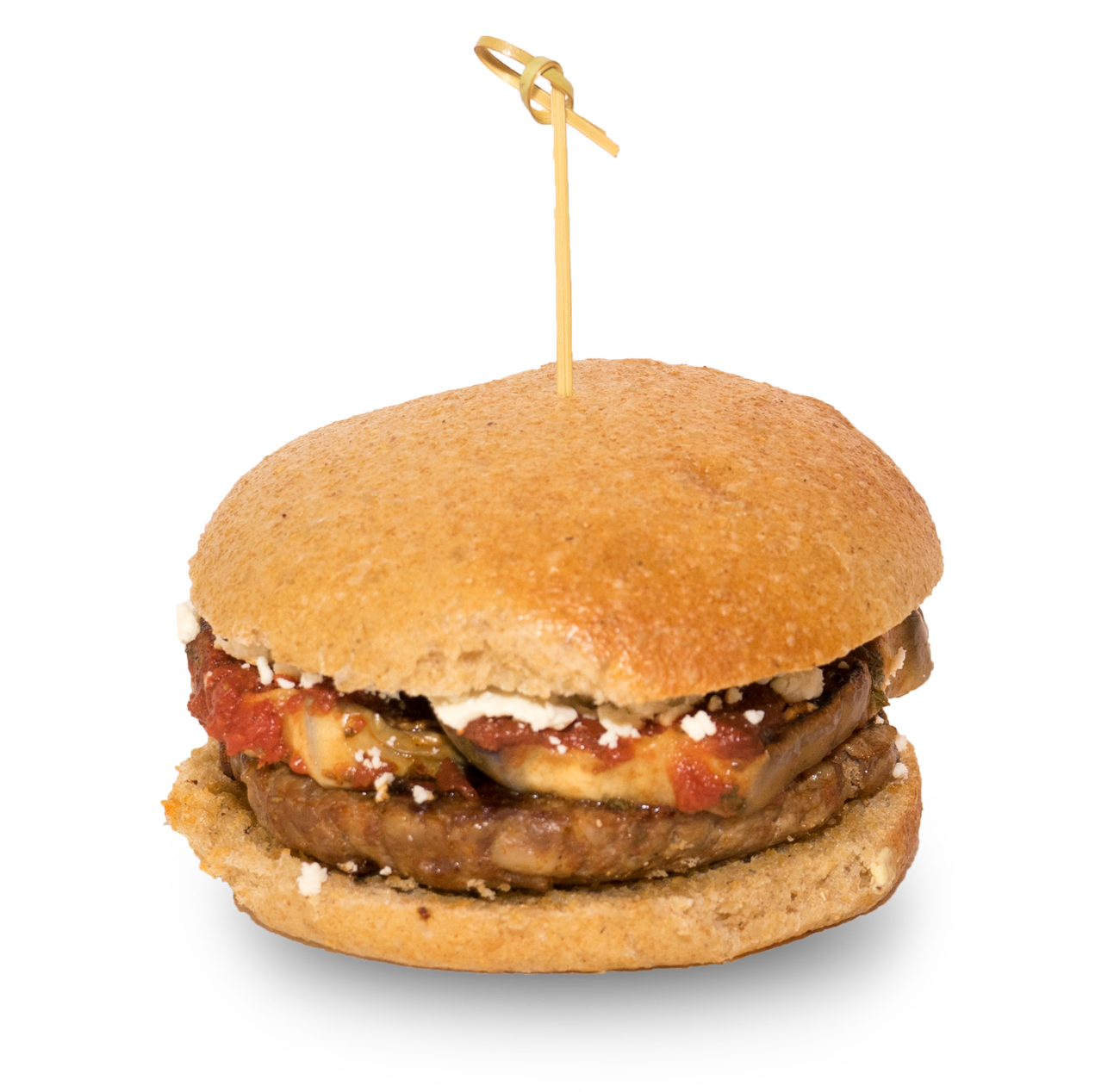 Rectangle, panino con hamburger di bovino e suino, parmigiana di melanzane e ricotta salata. Rectangle, panino con hamburger di bovino e suino, parmigiana di melanzane e ricotta salata.